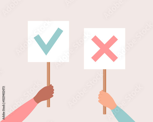 Two hands holding white posters with check mark and cross mark. Flat vector illustration