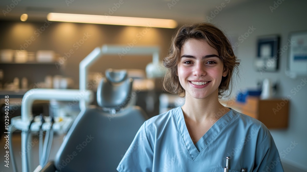 Young dental assistant smiles confidently in modern clinic setting during office hours Young dental assistant smiles confidently in modern clinic setting during office hours