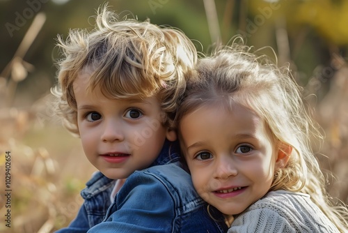  Siblings embracing in an autumn field photo