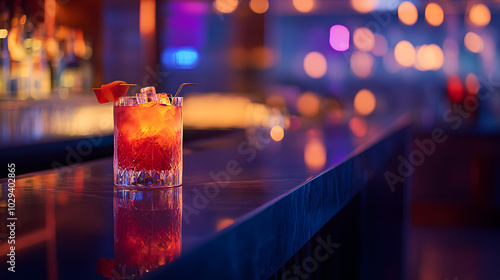 A stylish cocktail bar in a five-star hotel featuring signature drinks and mood lighting.