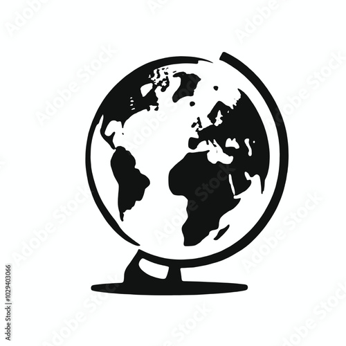 A black and white silhouette of a globe on a stand 