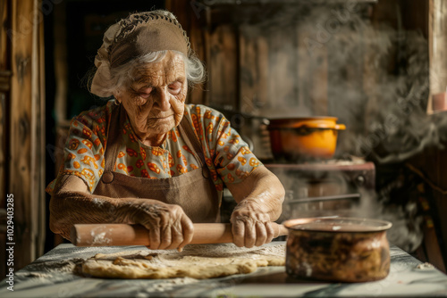 Nonna con il mattarello in mano stende la pasta sul tavolo di marmo, il viso illuminato dal calore della stufa a legna, sullo sfondo una pentola di sugo che bolle lentamente