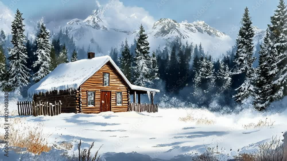 A cozy cabin nestled in a snowy forest, surrounded by towering mountains