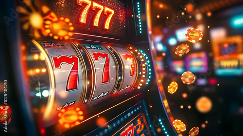 Abstract casino slot machine background. Colourful online casino banner 777 big winning symbol of gold jackpot, casino bar celebration light graphic. Entertainment leisure concept 3d digital artwork.