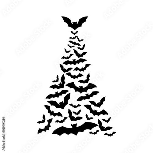 Logo con grupo de murciélagos con forma de árbol de navidad para tarjetas y felicitaciones de Halloween o Navidad