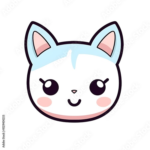 there is a white cat with blue ears and a pink nose