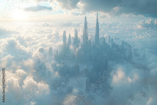 A city skyline that shifts and changes, showing the existence of parallel worlds. Concept of alternate realities. photo