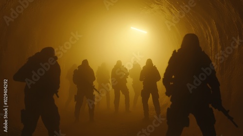 Rebellion Under the Shadows: Defiant Rebels Plotting Uprising in Gritty Underground Lair with Dramatic Lighting photo