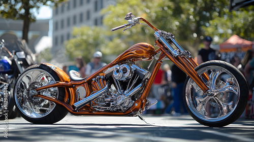 A heavily modified chopper with extended forks and custom paint standing out at a motorcycle show. photo