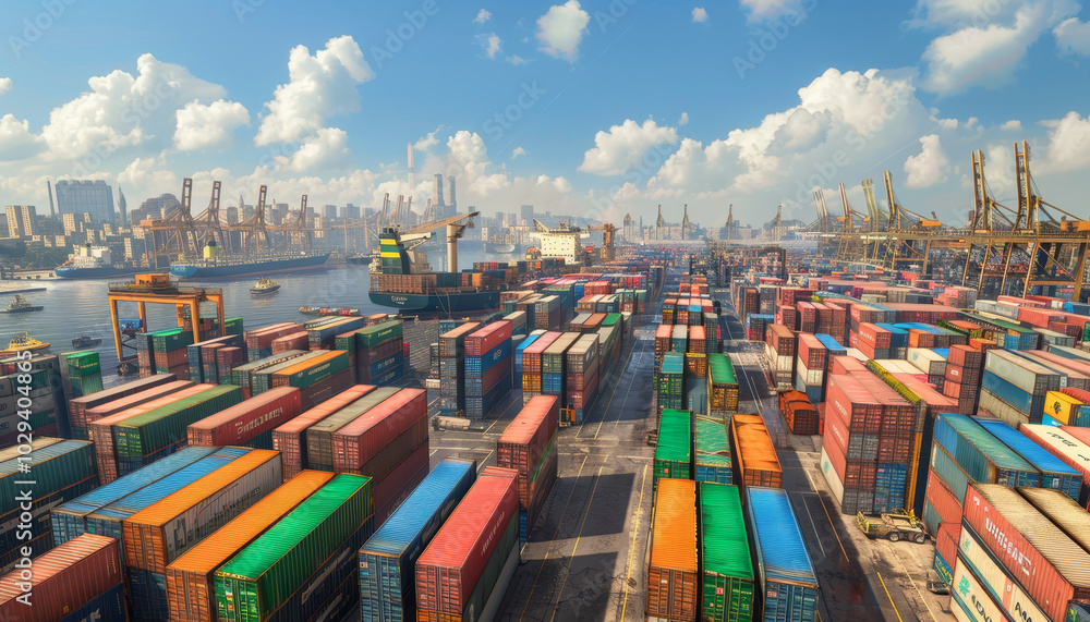 Obraz premium Un porto internazionale pieno di container colorati, gru in movimento e navi cargo in arrivo e in partenza, con lo skyline della città sullo sfondo