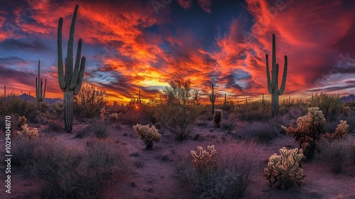 Fototapeta Naklejka Na Ścianę i Meble -  A vibrant sunset paints the sky with hues of red and orange, casting long shadows across the desert landscape.