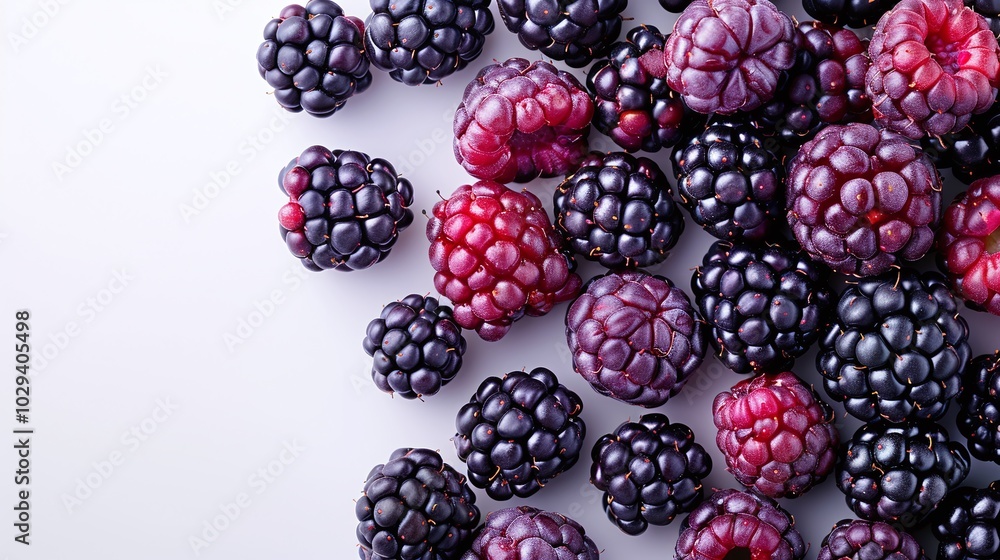 Fresh Blackberries with Leaves on White Background, Minimalistic Food Photography, Juicy and Ripe Berries, High-Resolution Image, Dark Purple Color, Copyspace for Text
Fresh Blackberries with Leaves on White Background, Minimalistic Food Photography, Juicy and Ripe Berries, High-Resolution Image, Dark Purple Color, Copyspace for Text