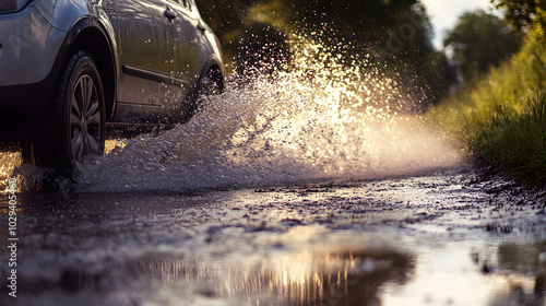 Ein getuntes Auto fhrt mit quietschenden Reifen durch eine PfÃ¼tze Wasser spritzt in alle Richtungen. photo