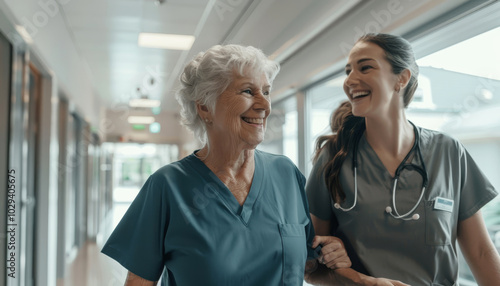 Assistente sorridente e donna anziana sorridente che camminano insieme nel corridoio della casa di cura