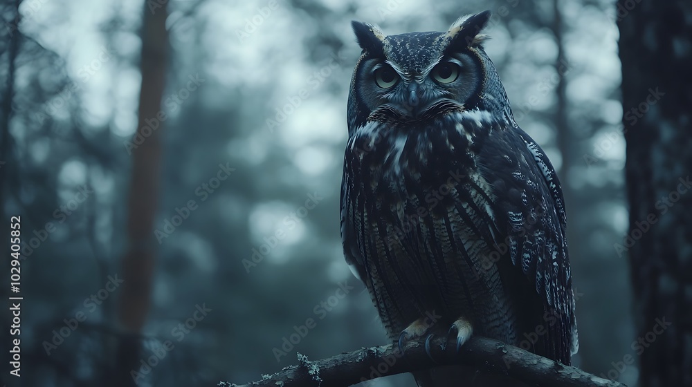 A photograph of an owl perched on a branch in a Finnish forest, at night, wildlife photography A photograph of an owl perched on a branch in a Finnish forest, at night, wildlife photography