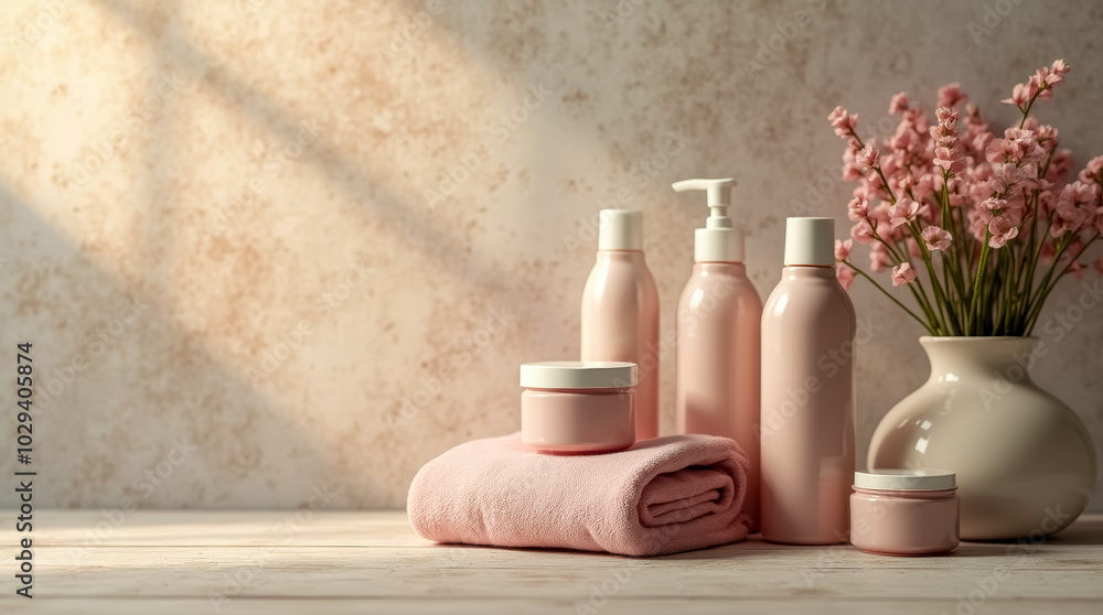 A beautiful display of various pink skincare containers and towels, complemented by a vase of delicate flowers, is illuminated by soft natural light A beautiful display of various pink skincare containers and towels, complemented by a vase of delicate flowers, is illuminated by soft natural light