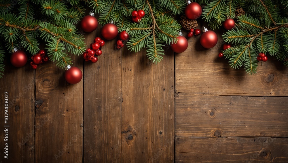 Christmas fir tree with decoration on empty wooden board; Christma Christmas fir tree with decoration on empty wooden board; Christma