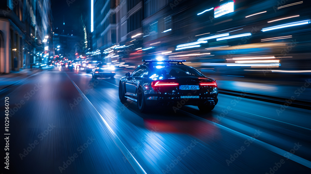 Ein Polizeiwagen verfolgt ein getuntes Fahrzeug whrend eines illegalen Straßenrennens Blaulichter blinken im Hintergrund. Ein Polizeiwagen verfolgt ein getuntes Fahrzeug whrend eines illegalen Straßenrennens Blaulichter blinken im Hintergrund.