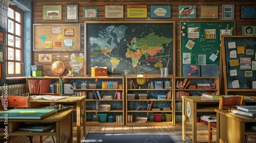 Classroom Interior with World Map