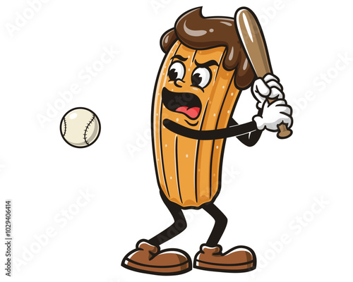 Churros playing Baseball, Cartoon Mascot Illustration Character Vector Clip-art Hand-drawn Logo Design