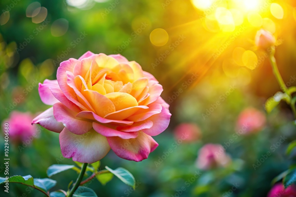 Pink and yellow rose flower in the garden with sunlight and bokeh Wide-Angle Pink and yellow rose flower in the garden with sunlight and bokeh Wide-Angle