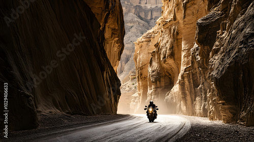 A high-speed motorcycle race through a narrow canyon with towering rock walls and tight turns challenging the riders. photo