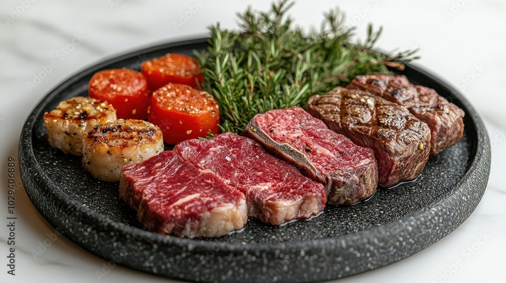 artistic presentation of various cuts of beef steak on a black plate showcasing tbone wagyu and ribeye beautifully arranged against a pristine white background ideal for culinary inspiration artistic presentation of various cuts of beef steak on a black plate showcasing tbone wagyu and ribeye beautifully arranged against a pristine white background ideal for culinary inspiration