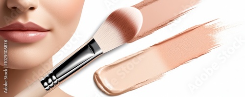 Close-up of a makeup brush with foundation strokes next to a woman's lips, showcasing beauty and cosmetic application.
