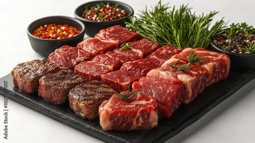 artistic presentation of various cuts of beef steak on a black plate showcasing tbone wagyu and ribeye beautifully arranged against a pristine white background ideal for culinary inspiration artistic presentation of various cuts of beef steak on a black plate showcasing tbone wagyu and ribeye beautifully arranged against a pristine white background ideal for culinary inspiration