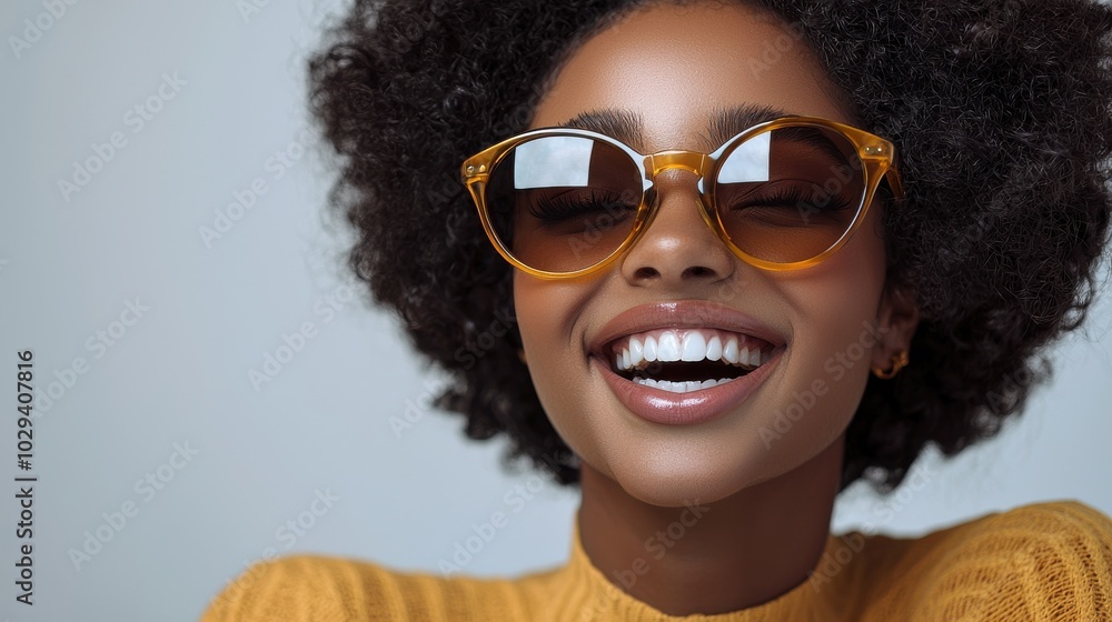 Bright smile of a young woman wearing stylish sunglasses indoors, capturing a moment of joy during a cheerful day Bright smile of a young woman wearing stylish sunglasses indoors, capturing a moment of joy during a cheerful day