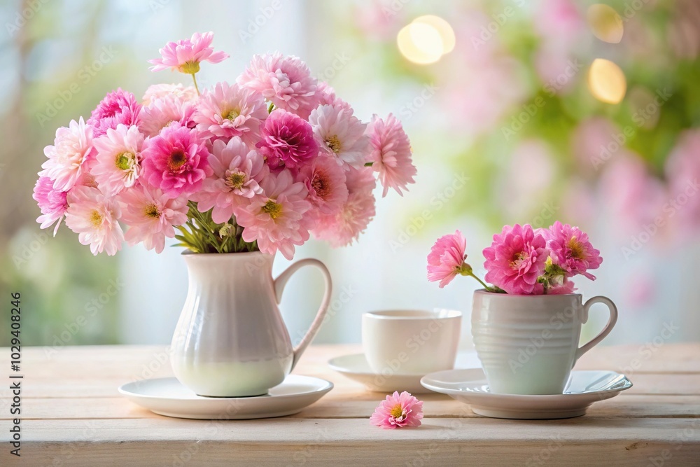 Pink flowers in a white vase with a matching cup nearby Forced perspective Pink flowers in a white vase with a matching cup nearby Forced perspective