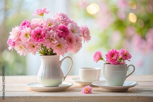 Wallpaper Mural Pink flowers in a white vase with a matching cup nearby Forced perspective Torontodigital.ca
