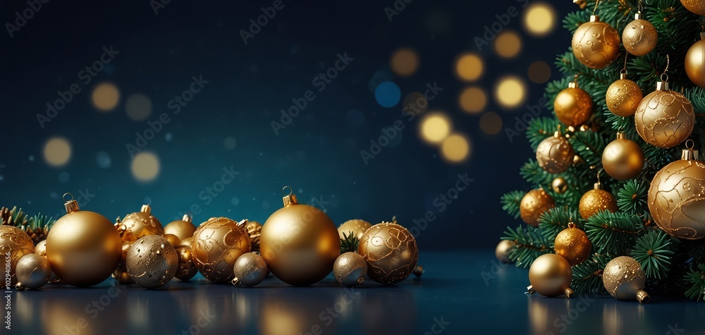 Christmas Tree With Golden Baubles And Shiny Lights In Blue Background Christmas Tree With Golden Baubles And Shiny Lights In Blue Background