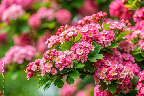 pink hawthorn flowers on blooming bush in May, Crataegus laevigata flower shrub, high angle view