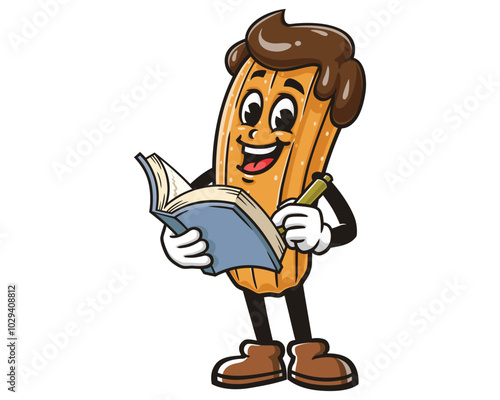 Churros with Book, Cartoon Mascot Illustration Character Vector Clip-art Hand-drawn Logo Design