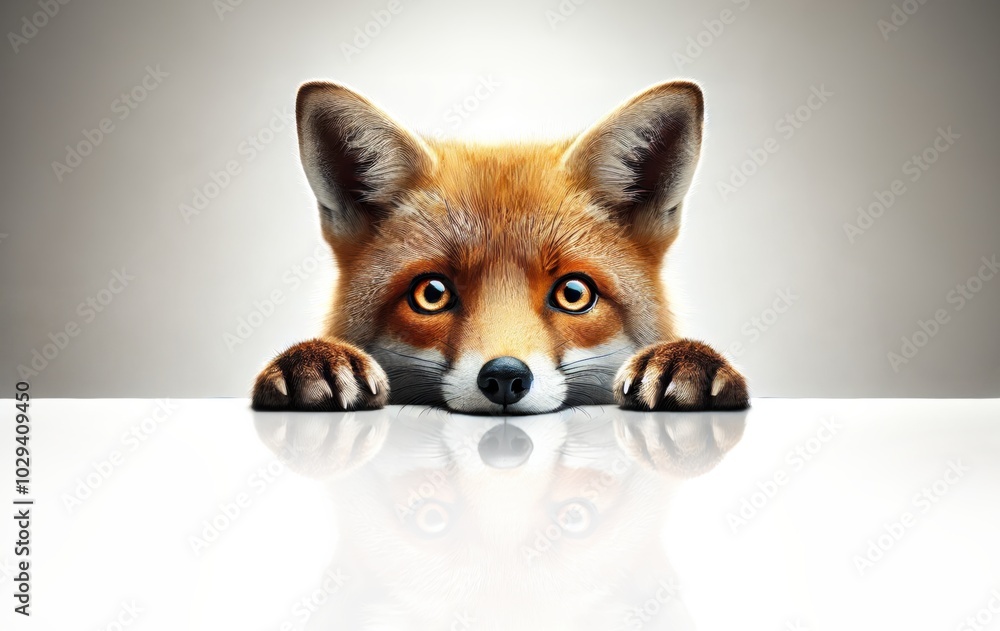 Fototapeta premium Curious fox peeking over white surface, playful concept of savings or frugality, photo.