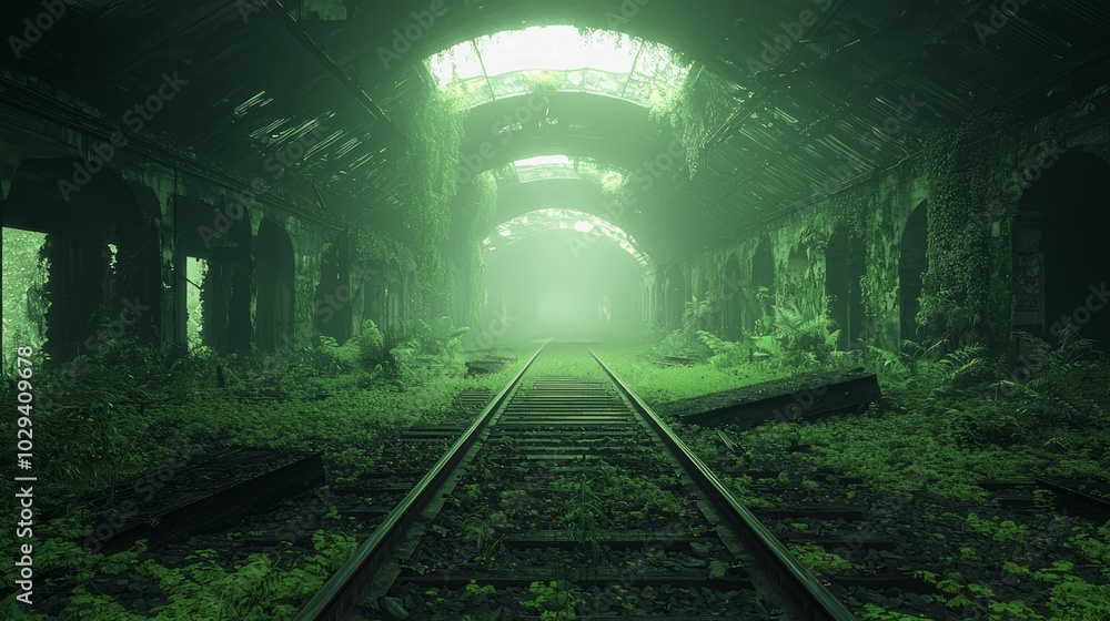 Naklejka premium Eerie Remnants of a Lost Era - A Dystopian Train Station in Cinematic Light