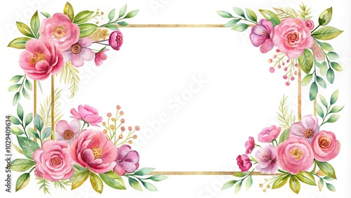 pink watercolor flower border and gold frame reflected on white background