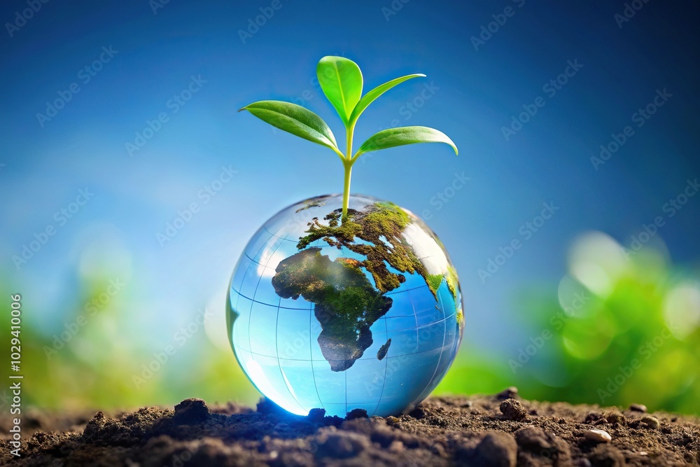 Plant growing on top of modern globe reflected Plant growing on top of modern globe reflected