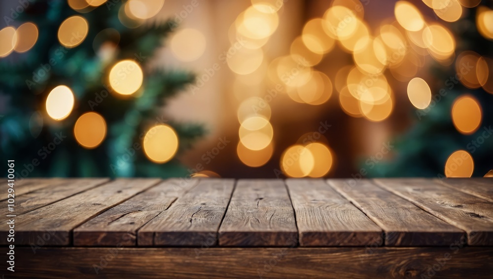 Empty wooden table over defocused christmas background with copy space Empty wooden table over defocused christmas background with copy space