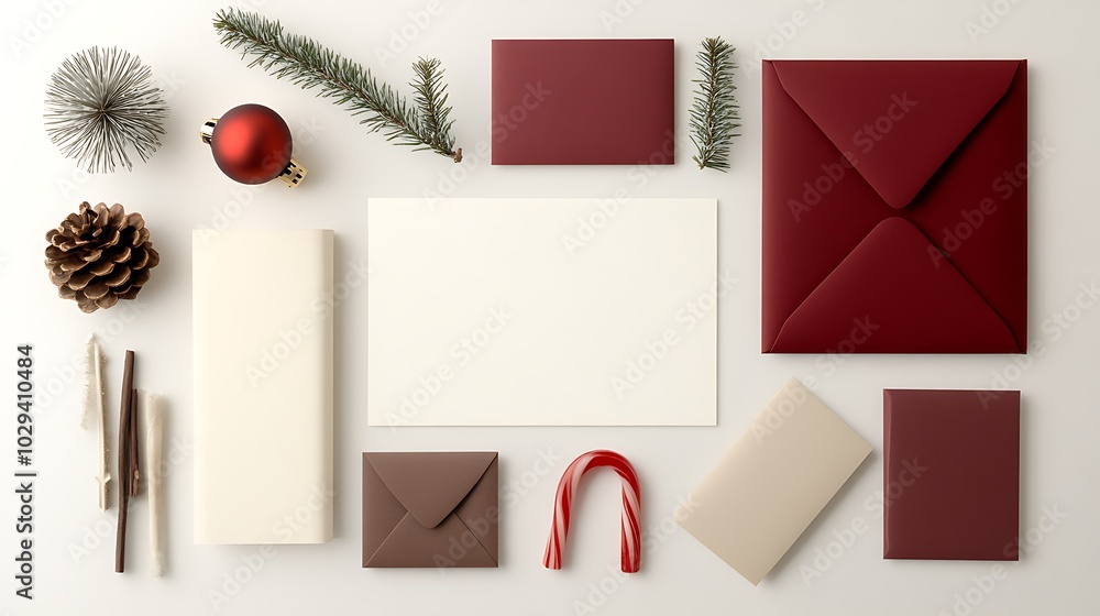 A festive layout of various holiday cards and envelopes, arranged with a blank space for personalized messages or text. A festive layout of various holiday cards and envelopes, arranged with a blank space for personalized messages or text.