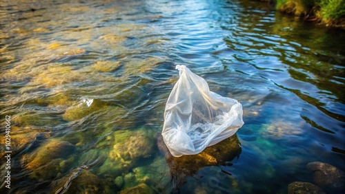 plastic bag floating on river surface, water pollution from trash in nature, high angle view