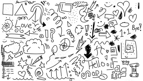 Hand Drawn Doodle Icons Set: Hearts, Arrows, and Stars With Transparent or White Background