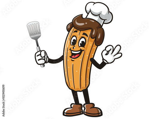 Churros with Spatula and wearing Chef Hat, Cartoon Mascot Illustration Character Vector Clip-art Hand-drawn Logo Design