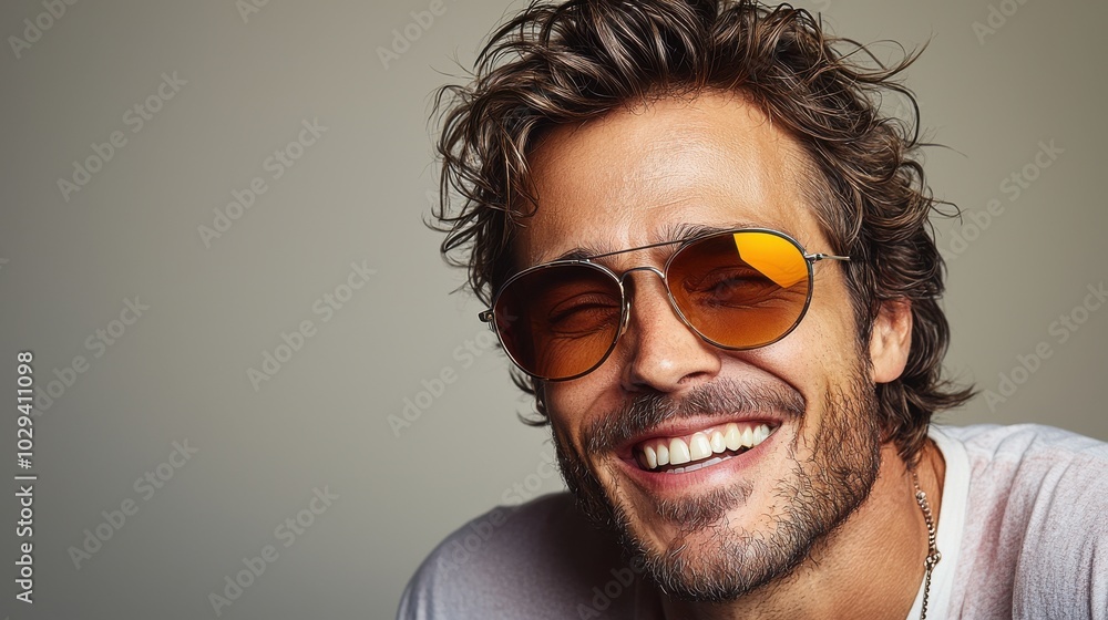 A smiling man with stylish sunglasses showcases a relaxed demeanor in a casual setting during daylight A smiling man with stylish sunglasses showcases a relaxed demeanor in a casual setting during daylight