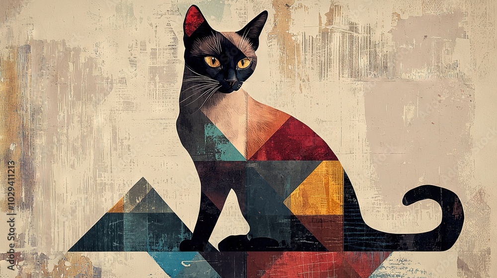 Fototapeta   A multicolored piece of art depicts a black cat perched atop it