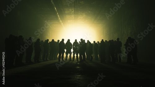 Underground Resistance - Rebels in Dystopian Society Secret Meeting in Abandoned Warehouse with Cinematic Lighting photo