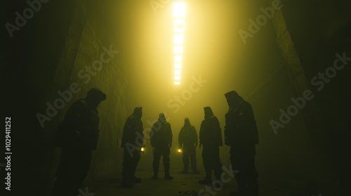 Defiance in the Shadows: Rebels' Secret Meeting in Abandoned Warehouse with Cinematic Light Glow