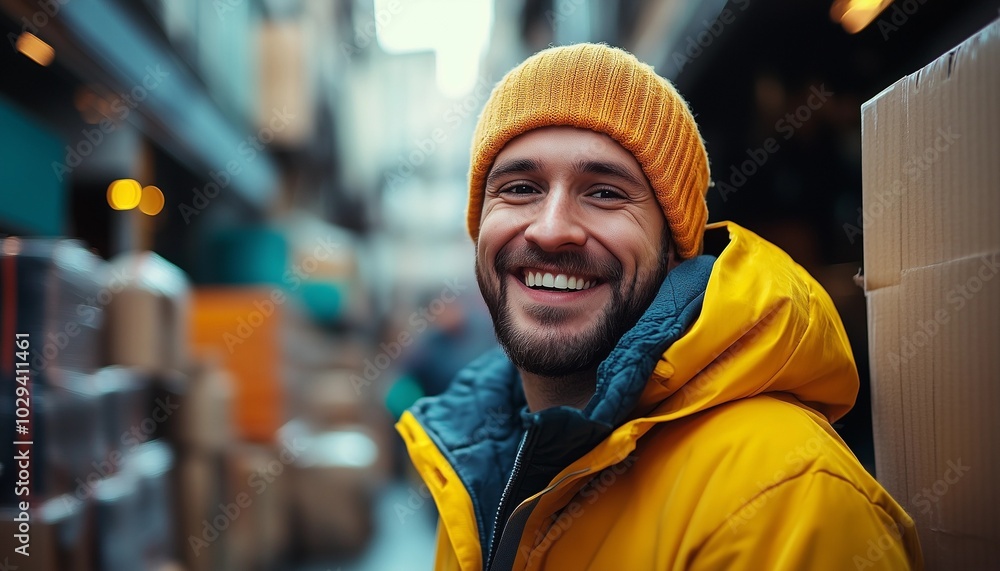 a bearded young man wearing a yellow jacket and beanie, a young man who is enthusiastic about working, a young man who guards the warehouse a bearded young man wearing a yellow jacket and beanie, a young man who is enthusiastic about working, a young man who guards the warehouse