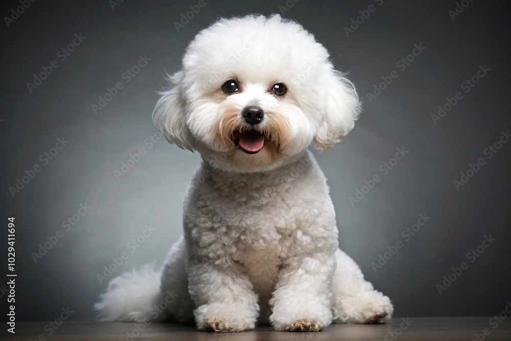Playful Bichon Frise posing on grey background low angle Playful Bichon Frise posing on grey background low angle